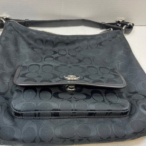 Coach Signature Cs Black Canvas Hobo Shoulder Zip Bag w/Turn Lock EUC - Picture 3 of 16